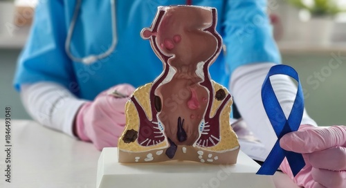 Fotografia Doctor of human digestive system oncology with blue ribbon in clinic