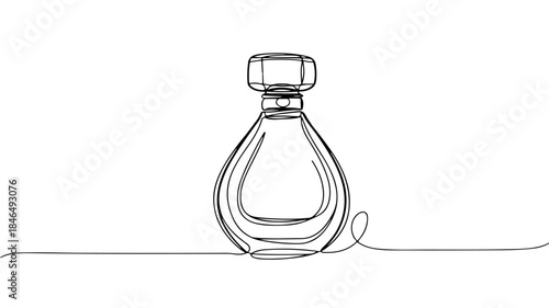continuous line drawing depicts an elegant, shaped perfume bottle, featuring a distinct cap, neck, and a clear view of the dip tube inside.