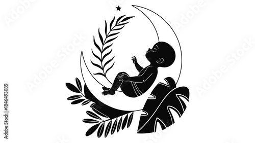 Baby sleeping on crescent moon with leaves and star