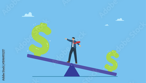 Businessman balancing with higher dollar sign money income. Upsell for more sale profit, investment leverage amplify money return, inflation or interest rate, debt and loan to payback, upward earning.