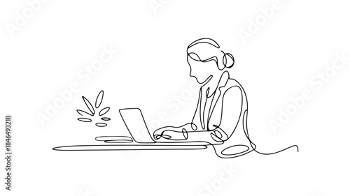 continuous line drawing depicts a person in profile view, seated on a chair at a desk, typing on a laptop computer. 