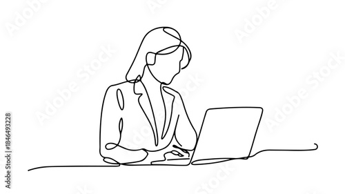  line drawing depicts a person in profile view, seated on a chair at a desk, typing on a laptop computer. 