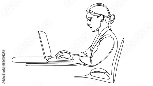 A single continuous line drawing depicts a person in profile view, seated on a chair at a desk, typing on a laptop computer. 