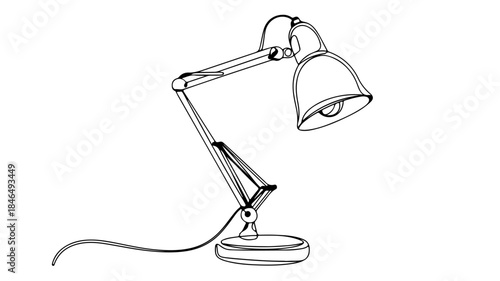 A single continuous line drawing depicts a classic adjustable desk lamp with an articulated arm, a rounded shade, a stable base, and an electric cord. 