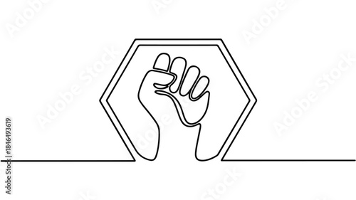 line drawing illustrates a clenched human fist positioned centrally within a six-sided, angular shield or badge.