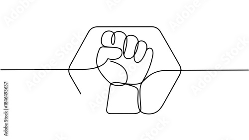 continuous line drawing illustrates a clenched human fist positioned centrally within a six-sided, angular shield or badge.