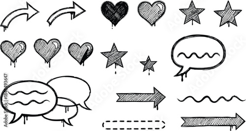 A collection of black and white illustrations of various shapes and symbols