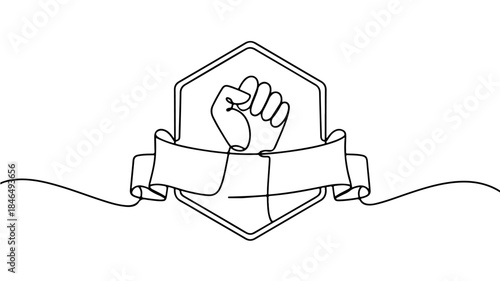 A single continuous line drawing illustrates a clenched human fist positioned centrally within a six-sided, angular shield or badge.