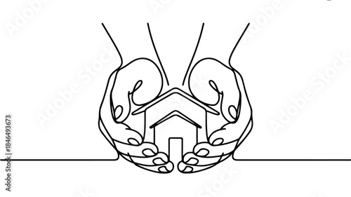 Drawing depicts a hand supporting a small, simple outline of a house, which includes a roof, a door, and a chimney. 