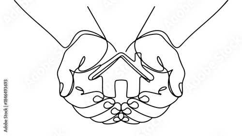  line drawing depicts a hand supporting a small, simple outline of a house, which includes a roof, a door, and a chimney. 