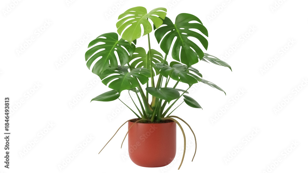 Fototapeta premium Isolated monstera deliciosa in a pot, popular houseplant with distinctive split leaves indoors
