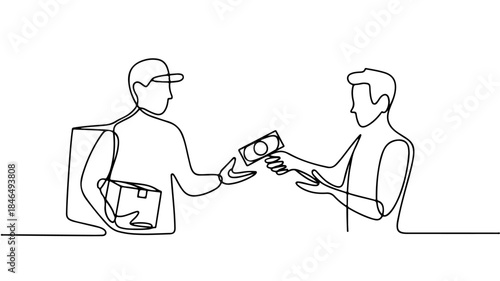 line drawing illustrates a commercial transaction between a delivery man and a customer