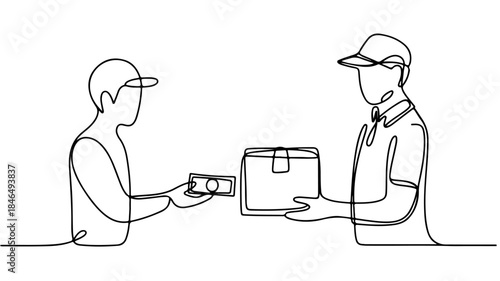 A single continuous line drawing illustrates a commercial transaction between a delivery man and a customer