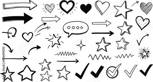 Collection of hand drawn arrows hearts stars and checkmarks