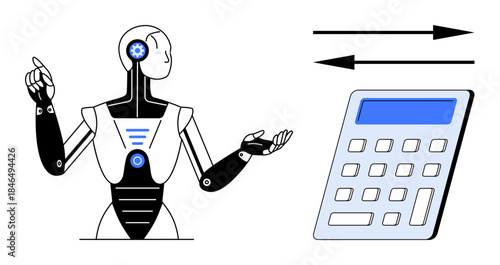 Artificial intelligence, data processing, automated solutions, innovation, robotics, and technology. A robot gesturing near a calculator and arrows. Artificial intelligence and data processing