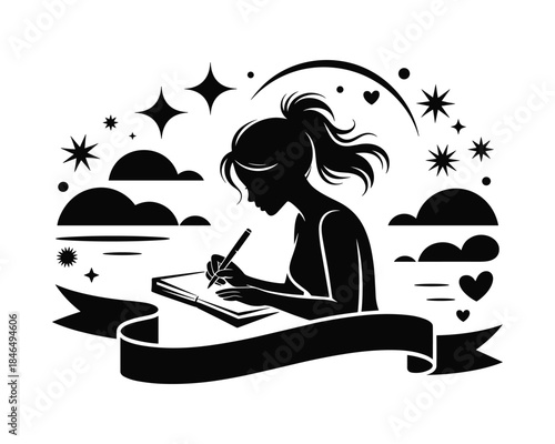 Woman writing under starry night sky with clouds and hearts