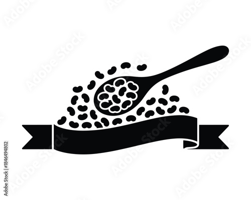 Black and white illustration of coffee beans in a spoon with banner