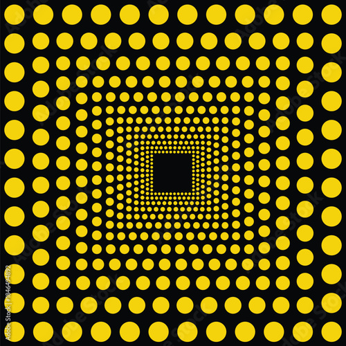 Visual effect created by squares of bright neon yellow circles on a black background, getting progressively smaller