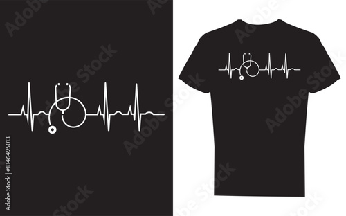Black tshirt with white ecg heartbeat symbol design on chest