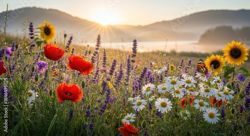 Fototapeta Naklejka Na Ścianę i Meble -  A vibrant meadow filled with wildflowers, including sunflowers, daisies, and lavender, with a mountain range in the background and a sunrise in the sky.