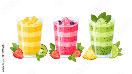 Three colorful smoothies with fruits and leaves on white background