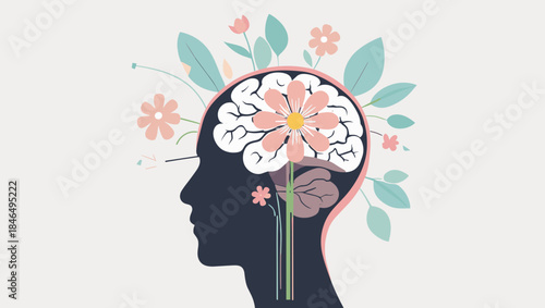 A creative illustration of a human head with flowers growing out of the brain