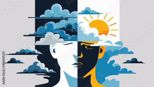 Split face illustration with contrasting sunny and cloudy thoughts