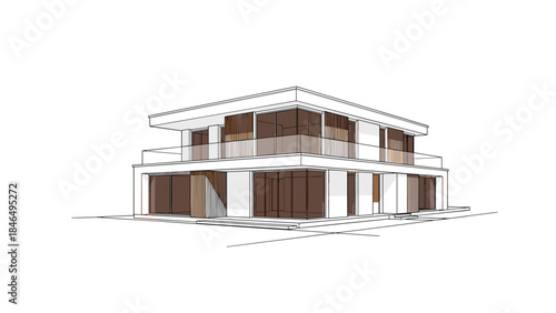 Modern twostory house with brown doors and white columns 