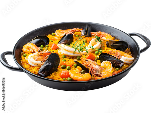 Wallpaper Mural Authentic seafood paella with shrimp and mussels in a black pan, isolated on transparent background. Perfect for restaurant menus and food advertising. Torontodigital.ca