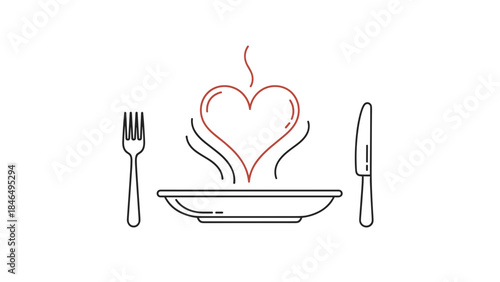 A romantic dinner setting with a heart shaped steam rising from a plate