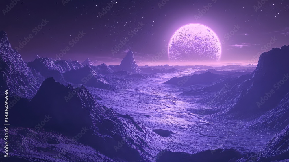 Fototapeta premium Alien landscape illustrating a surreal, vast, and rugged terrain under a star filled, violet sky with a large, textured purple moon illuminating the horizon
