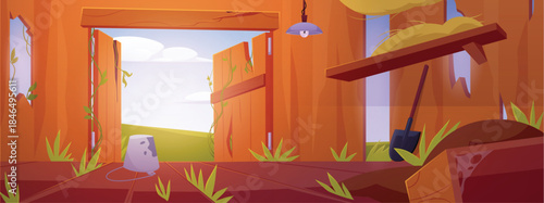 Destroyed and abandoned wooden barn, vector cartoon damaged shed with open gates, empty rural farmhouse hangar building