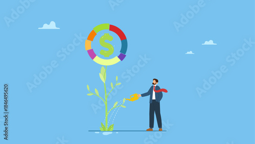 Businessman watering grow plant of investing portfolio pie chart. Investment portfolio, asset allocation to build passive income, wealth management or mutual fund planning, investment growth.