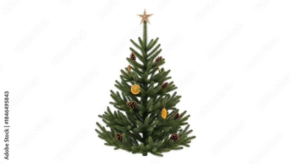 Obraz premium Isolated festive evergreen Christmas tree with ornaments and a star, holiday celebration