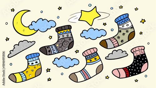Colorful winter socks with stars and clouds isolated on transparent background