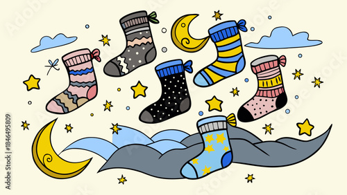 Colorful knitted socks floating in space, isolated on transparent background