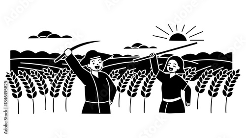 Happy farmers harvesting wheat at sunrise