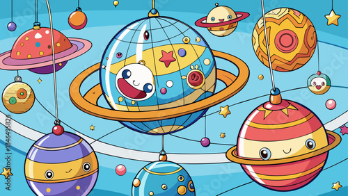 Colorful planets and stars isolated on transparent background