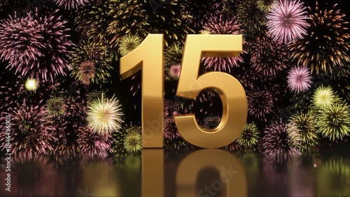 Gold number 15 with fireworks in the background. Festive scene for birthday or anniversary party