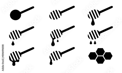 Set of Honey Dipper and Honeycomb Silhouettes, Sweet Food and Natural Product Icons