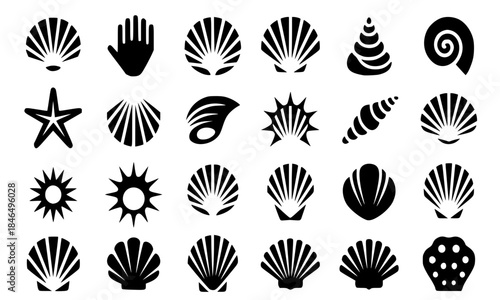 Set of Seashell, Starfish, and Marine Icon Silhouettes, Beach and Ocean Collection