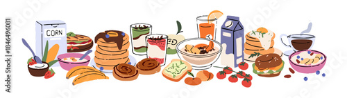 Composition of served for breakfast table. Heap of different meals. Healthy food, fruit, plate of pancakes, cup of coffee, cereals with milk, avocado toast. Flat isolated vector illustration on white