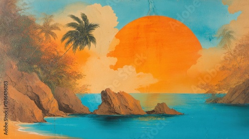 Sunset over the ocean with rocks and palm trees in tropical setting