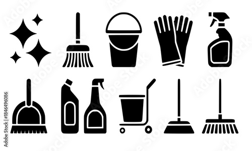 Set of Cleaning Tools and Supplies Silhouettes, Housework and Janitorial Icons