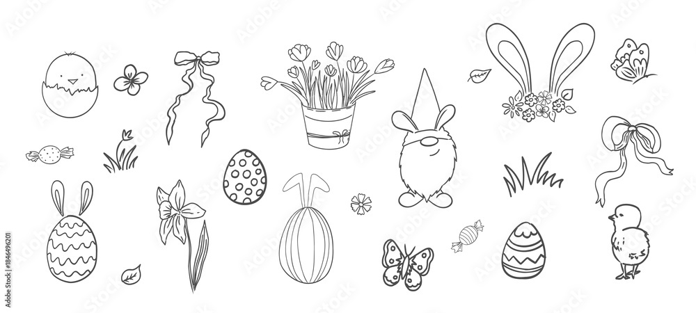Fototapeta premium Easter spring basket with flowers, eggs and bows. Chickens, leaves sketchy free hand spring bouquet. Easter cute set.