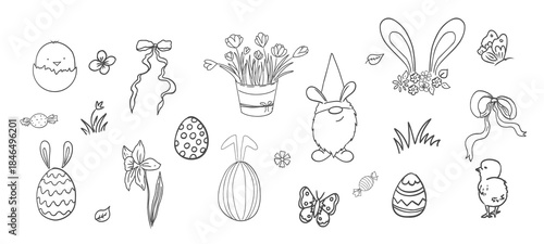 Easter spring basket with flowers, eggs and bows. Chickens, leaves sketchy free hand spring bouquet. Easter cute set. 