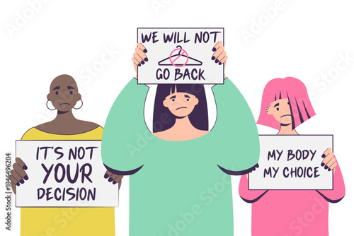 Women's protest pro-choice activists girl chanting slogans My body, My right, My choice supporting abortion rights at protest rally demonstration.