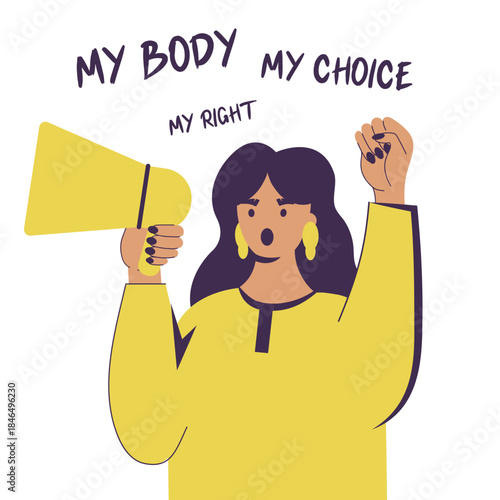 Women's protest pro-choice activists girl chanting slogans My body, My right, My choice supporting abortion rights at protest rally demonstration.