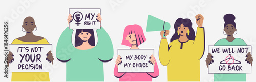 Women's protest pro-choice activists girl chanting slogans My body, My right, My choice supporting abortion rights at protest rally demonstration.