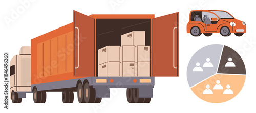 Cargo truck with open container carrying boxes, compact orange car, and demographic pie chart. Ideal for logistics, delivery, transportation, shipping, business analysis, fleet management supply